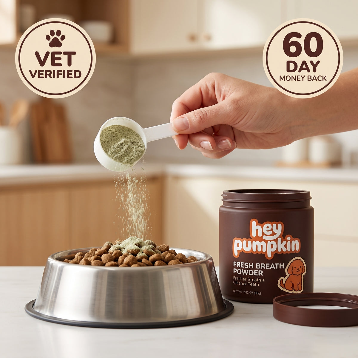 A scoop of Hey Pumpkin Fresh Breath Powder being tipped over a bowl of kibble. Vet verified, 60 day money back