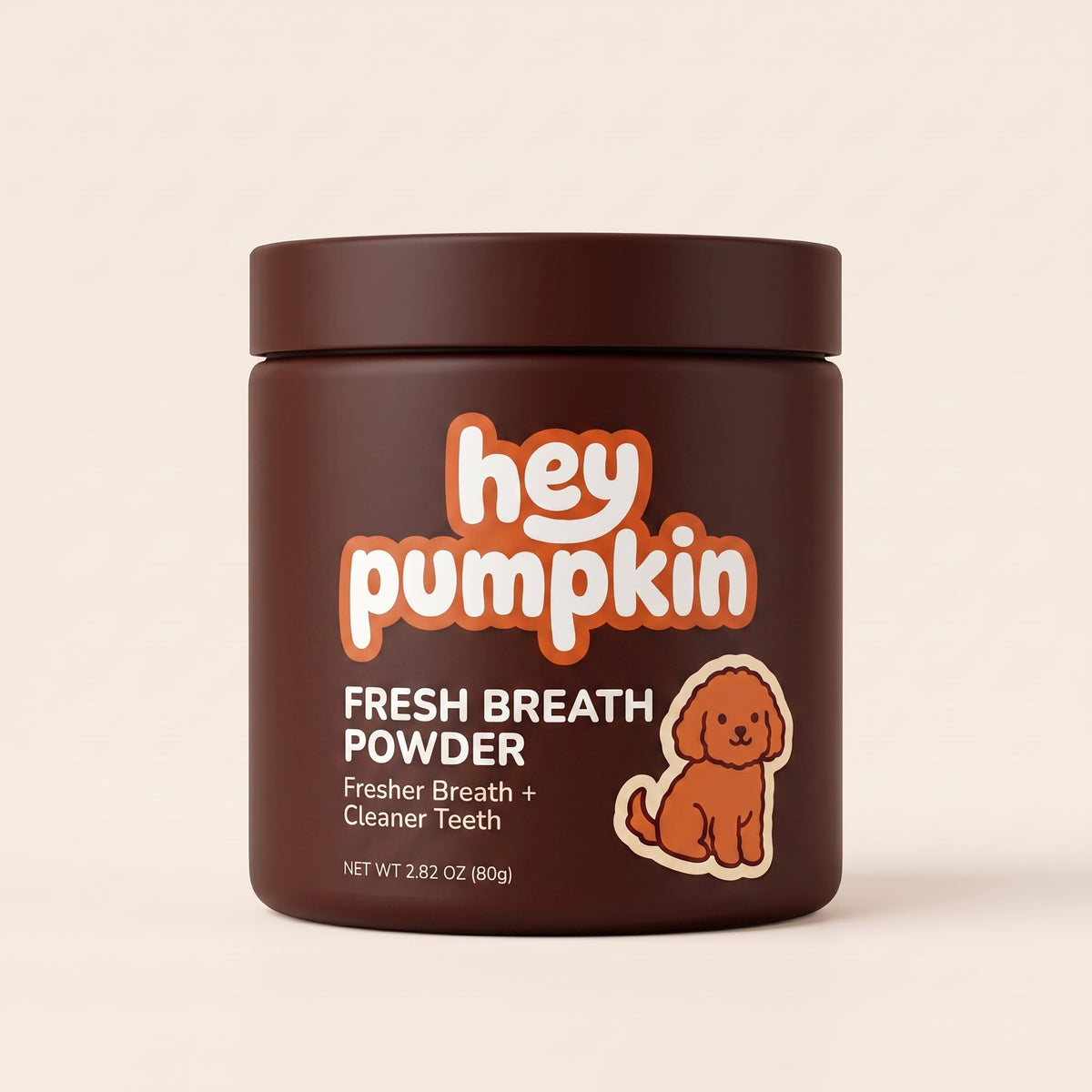 Hey Pumpkin Fresh Breath Powder, a cocoa brown tub with the hey pumpkin logo in white with an orange outline