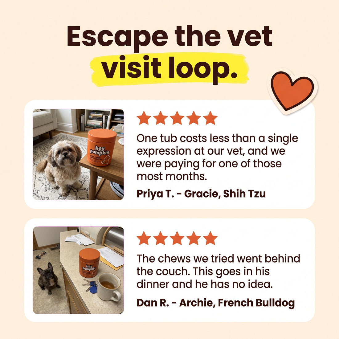 Escape the vet visit loop: five star reviews from Priya T. with Gracie the Shih Tzu and Dan R. with Archie the French Bulldog
