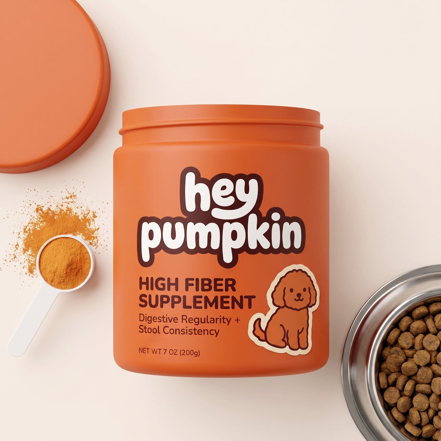 Hey Pumpkin tub flat lay with scoop of powder and dinner bowl