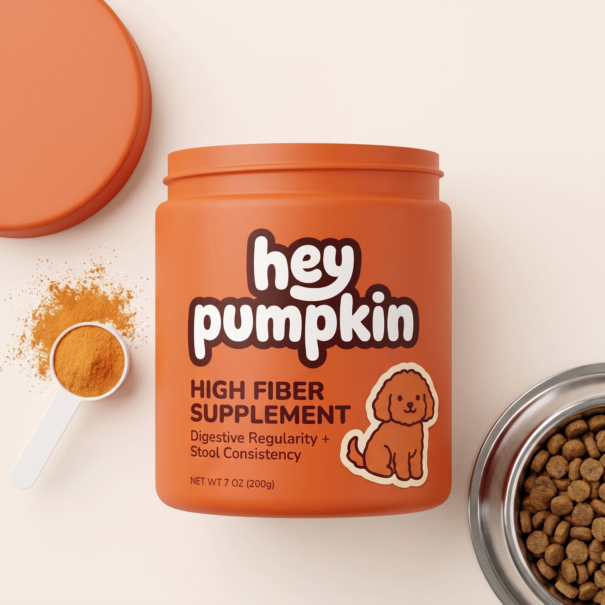 Hey Pumpkin tub flat lay with scoop of powder and dinner bowl