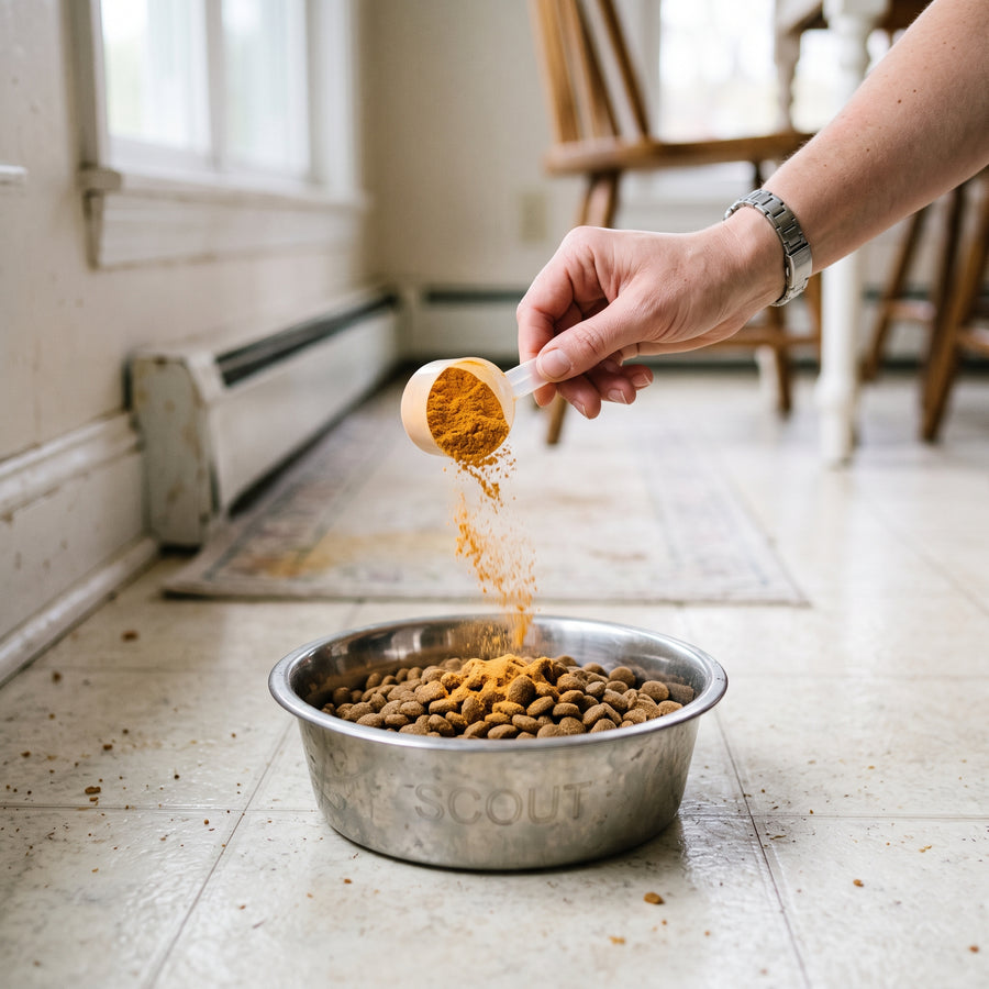 A scoop of Hey Pumpkin powder going into a bowl of kibble