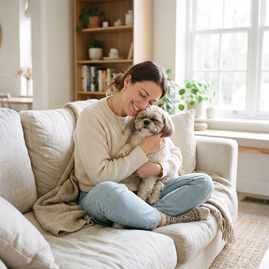 An owner holding her Shih Tzu on the couch