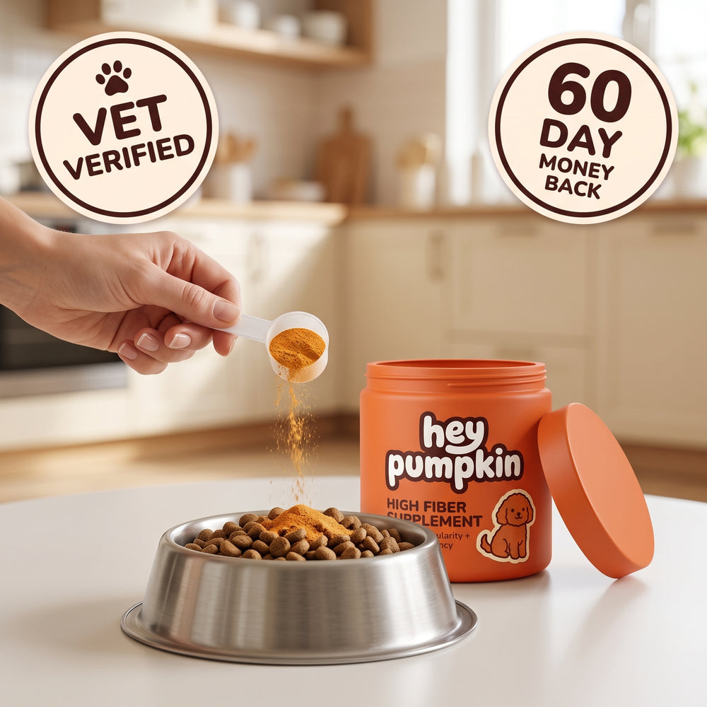 A scoop of Hey Pumpkin going into a dog's bowl of kibble, with vet verified and 60 day money back badges