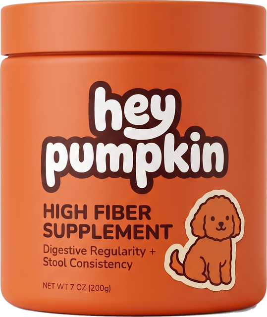 A tub of Hey Pumpkin high fiber supplement for dogs